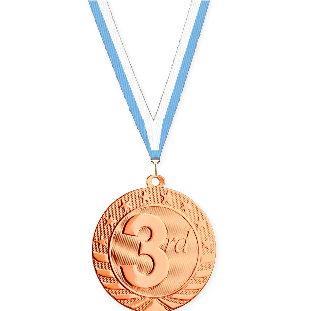 2 3/4 inch Place Starbrite medal in bronze - 3rd place with Light Blue White neck ribbon
