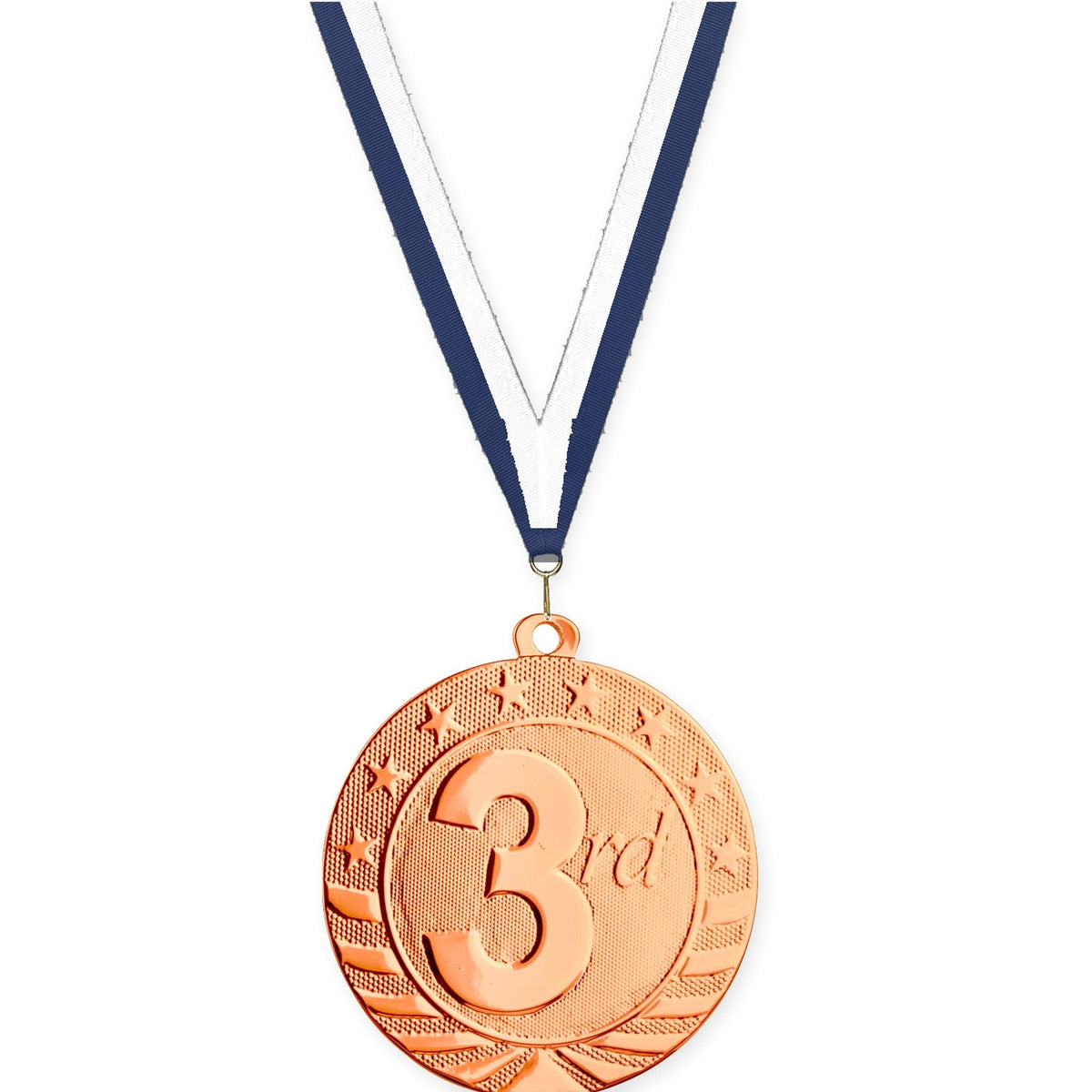 2 3/4 inch Place Starbrite medal in bronze - 3rd place with Navy White neck ribbon