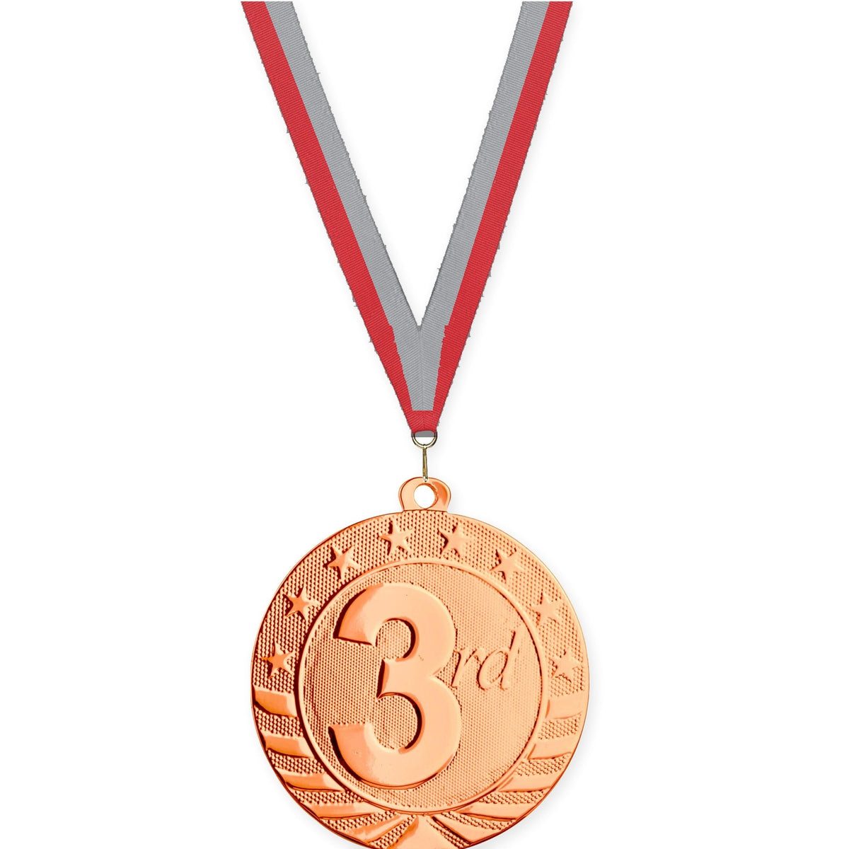 2 3/4 inch Place Starbrite medal in bronze - 3rd place with Red Gray neck ribbon