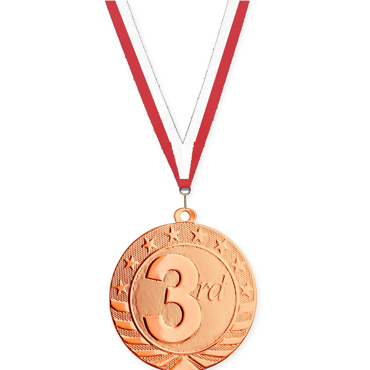 2 3/4 inch Place Starbrite medal in bronze - 3rd place with Red White neck ribbon