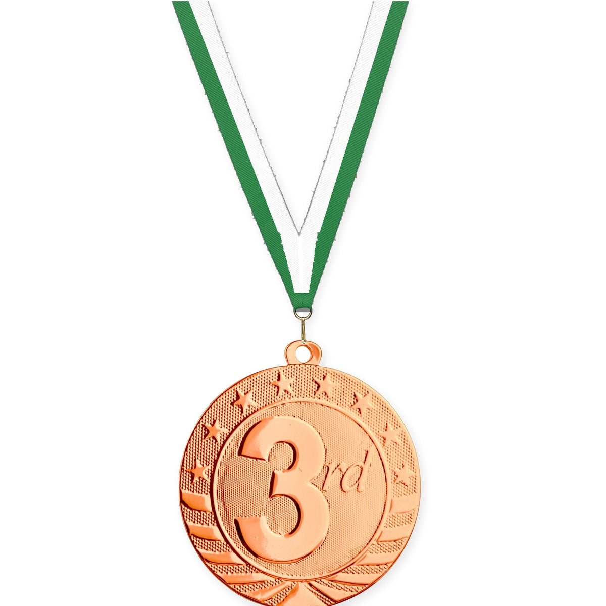 2 3/4 inch Place Starbrite medal in bronze - 3rd place with Green White neck ribbon
