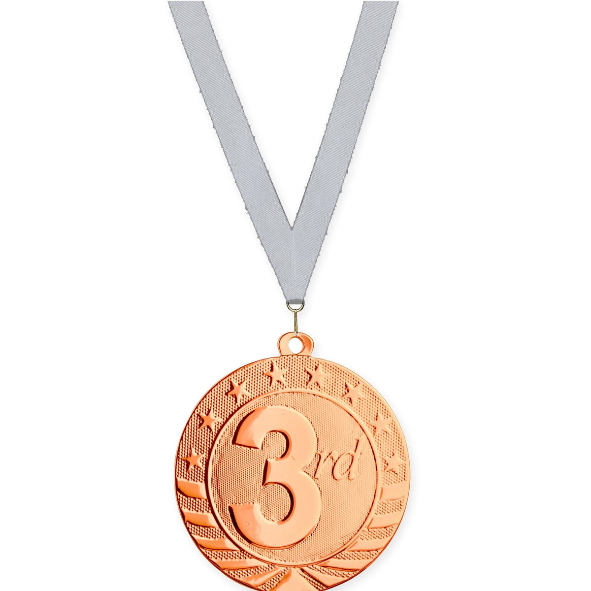 2 3/4 inch Place Starbrite medal in bronze - 3rd place with Silver Metallic neck ribbon