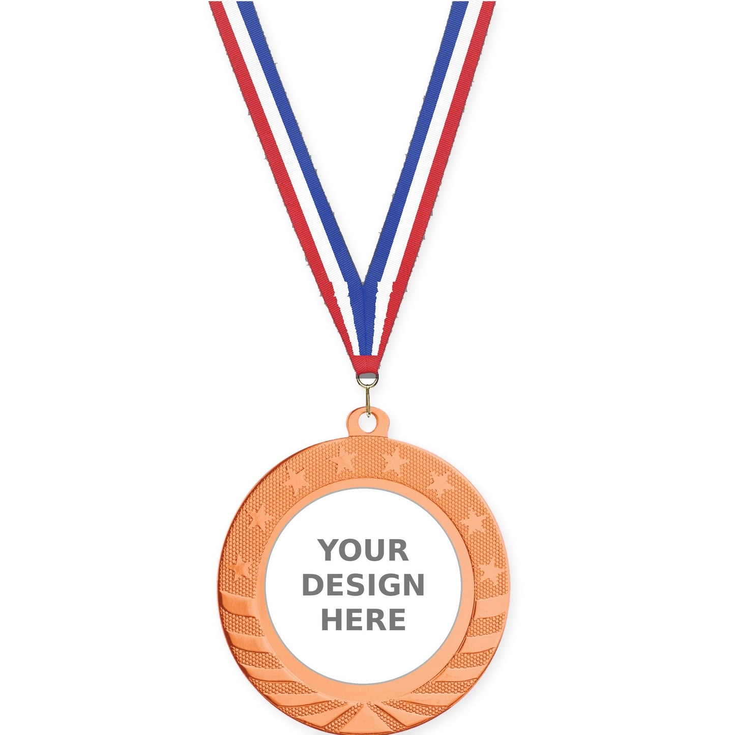 2 3/4 inch Starbrite insert medal in bright bronze with Red White Blue neck ribbon