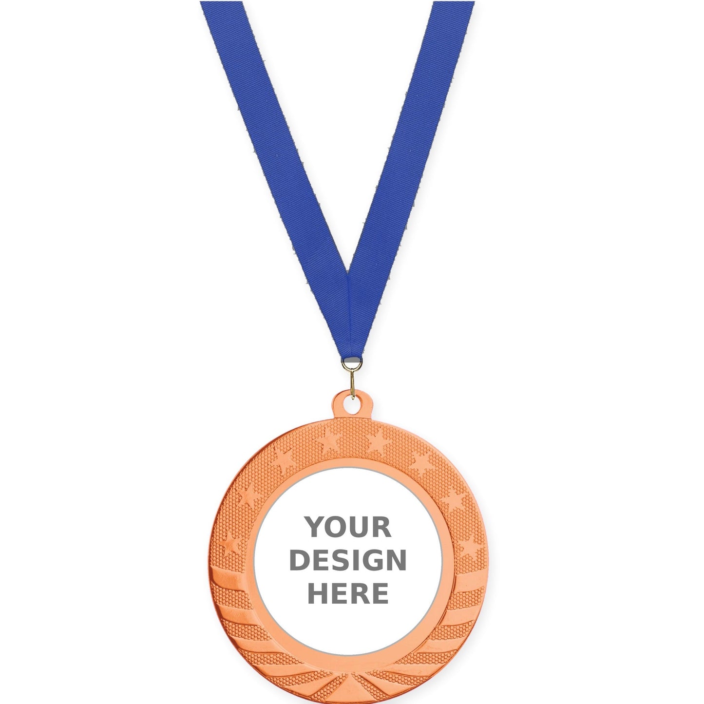 2 3/4 inch Starbrite insert medal in bright bronze with Blue neck ribbon