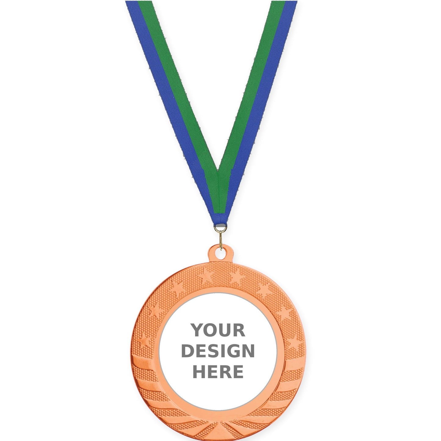 2 3/4 inch Starbrite insert medal in bright bronze with Blue Green neck ribbon