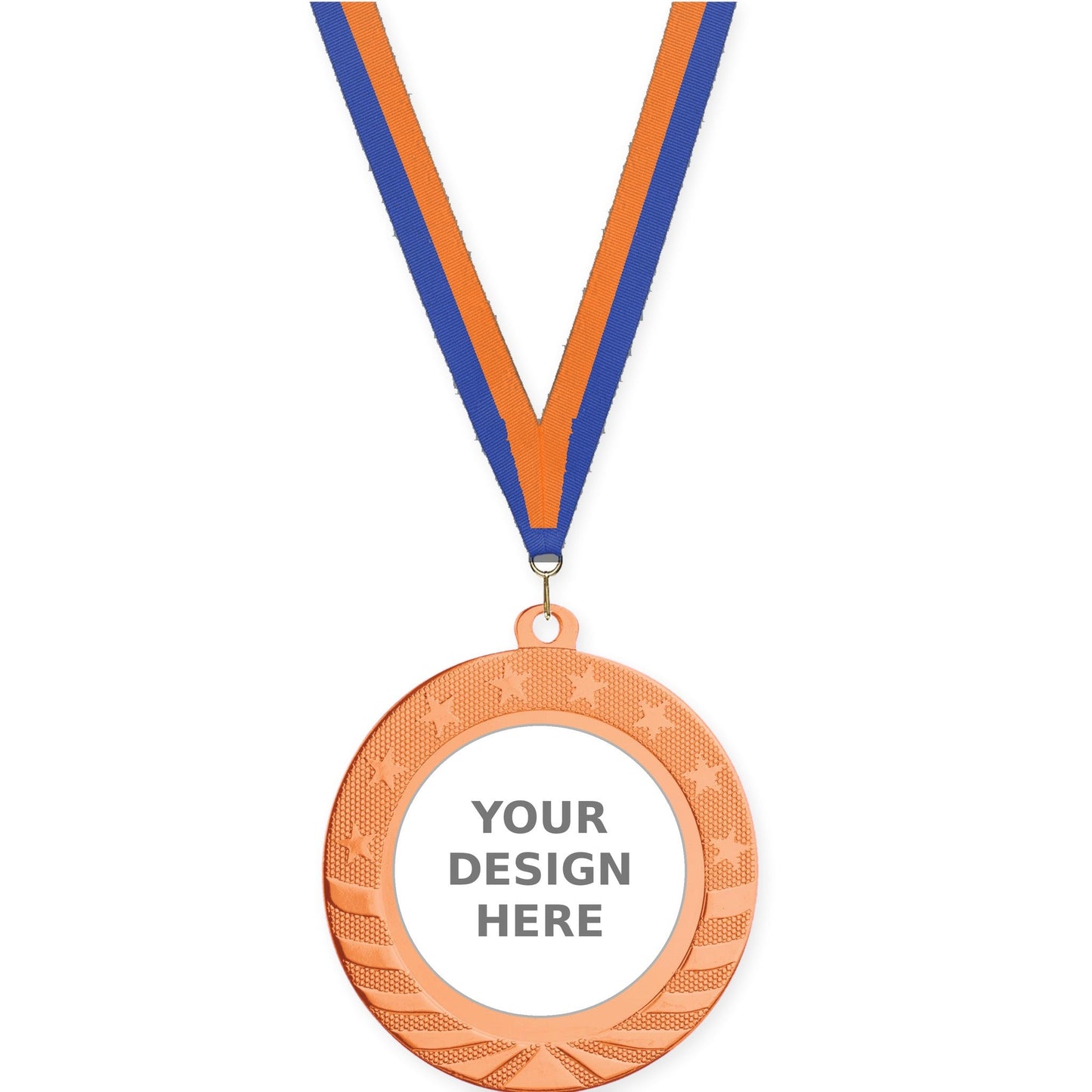 2 3/4 inch Starbrite insert medal in bright bronze with Blue Orange neck ribbon
