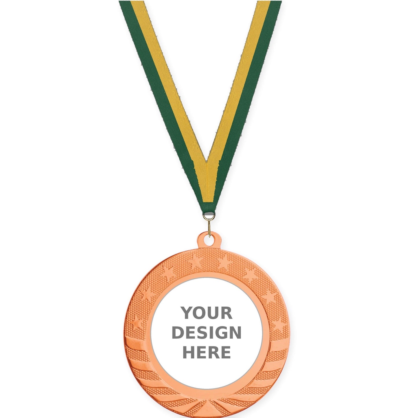 2 3/4 inch Starbrite insert medal in bright bronze with Hunter Green Gold neck ribbon