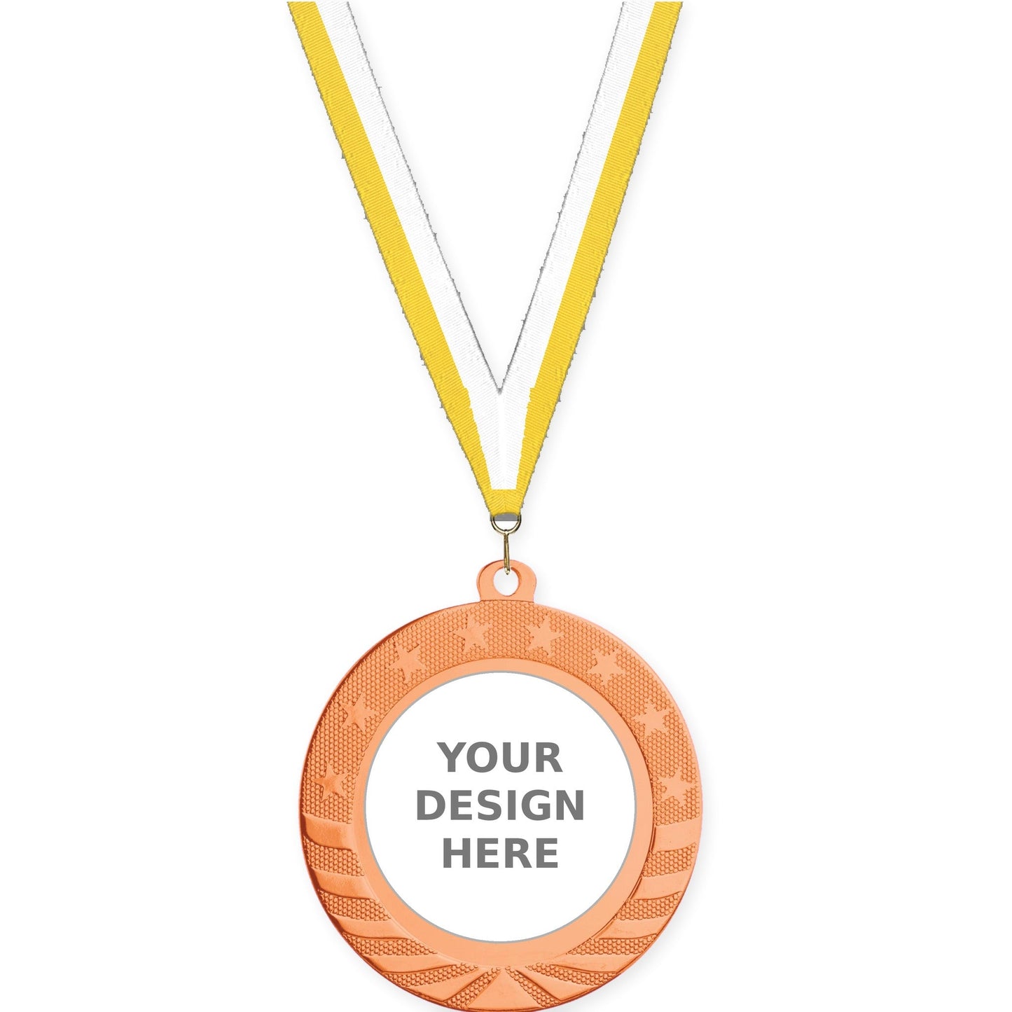2 3/4 inch Starbrite insert medal in bright bronze with Yellow White neck ribbon