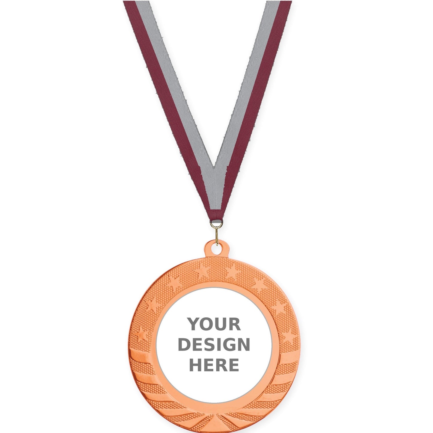 2 3/4 inch Starbrite insert medal in bright bronze with Maroon Gray neck ribbon