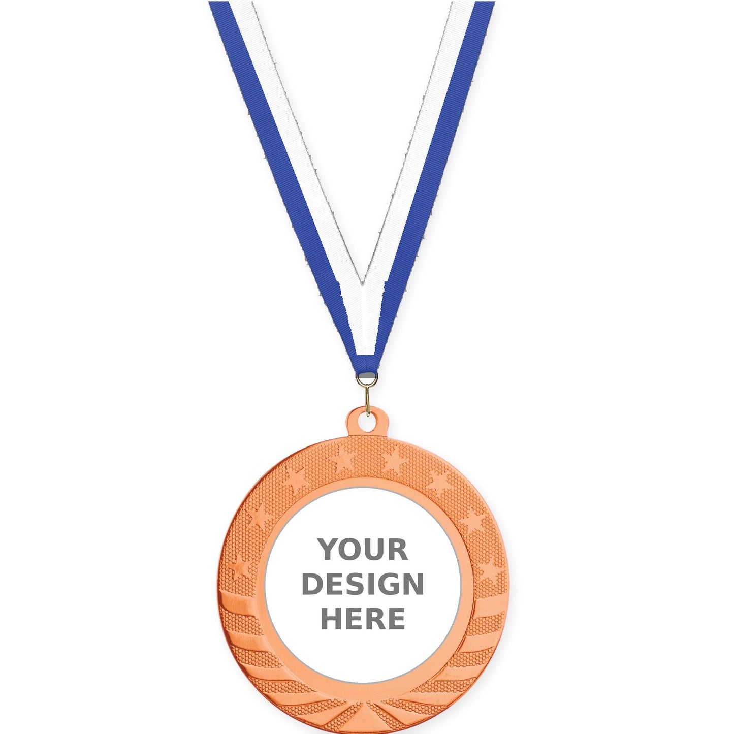 2 3/4 inch Starbrite insert medal in bright bronze with Blue White neck ribbon