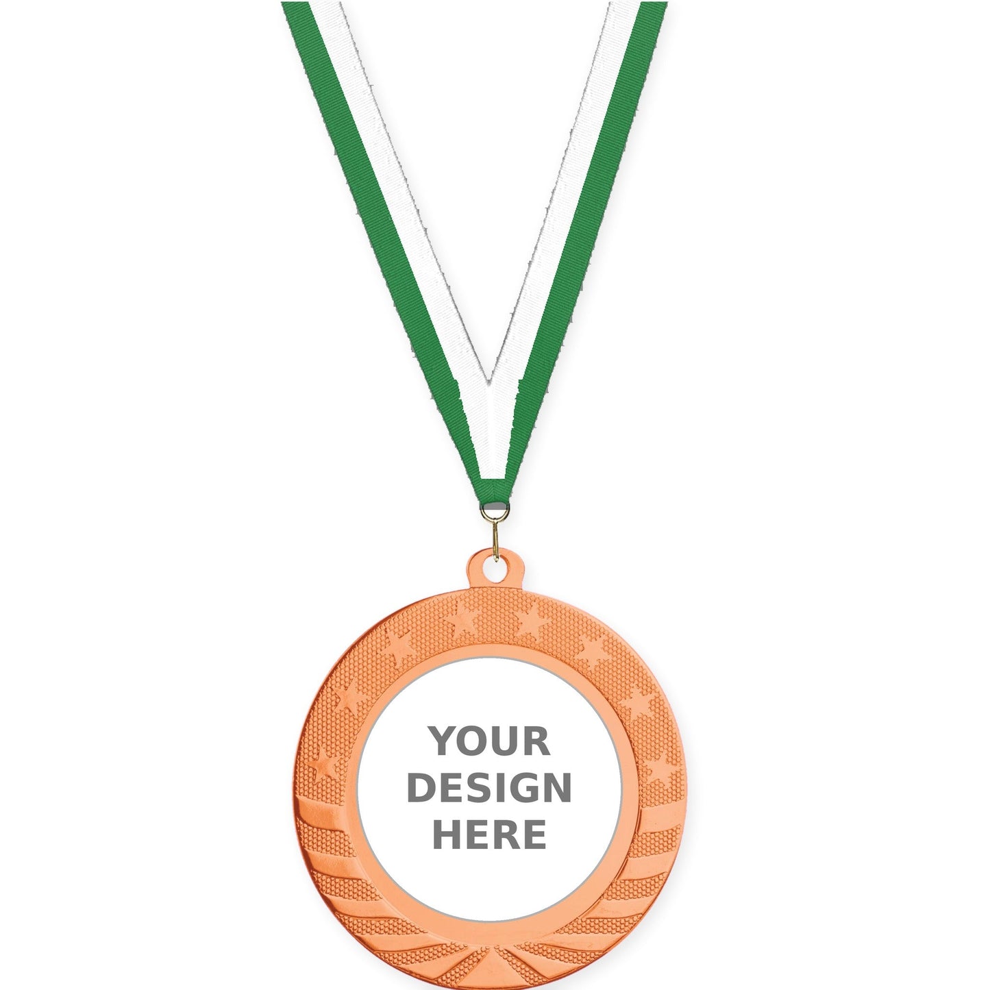 2 3/4 inch Starbrite insert medal in bright bronze with Green White neck ribbon
