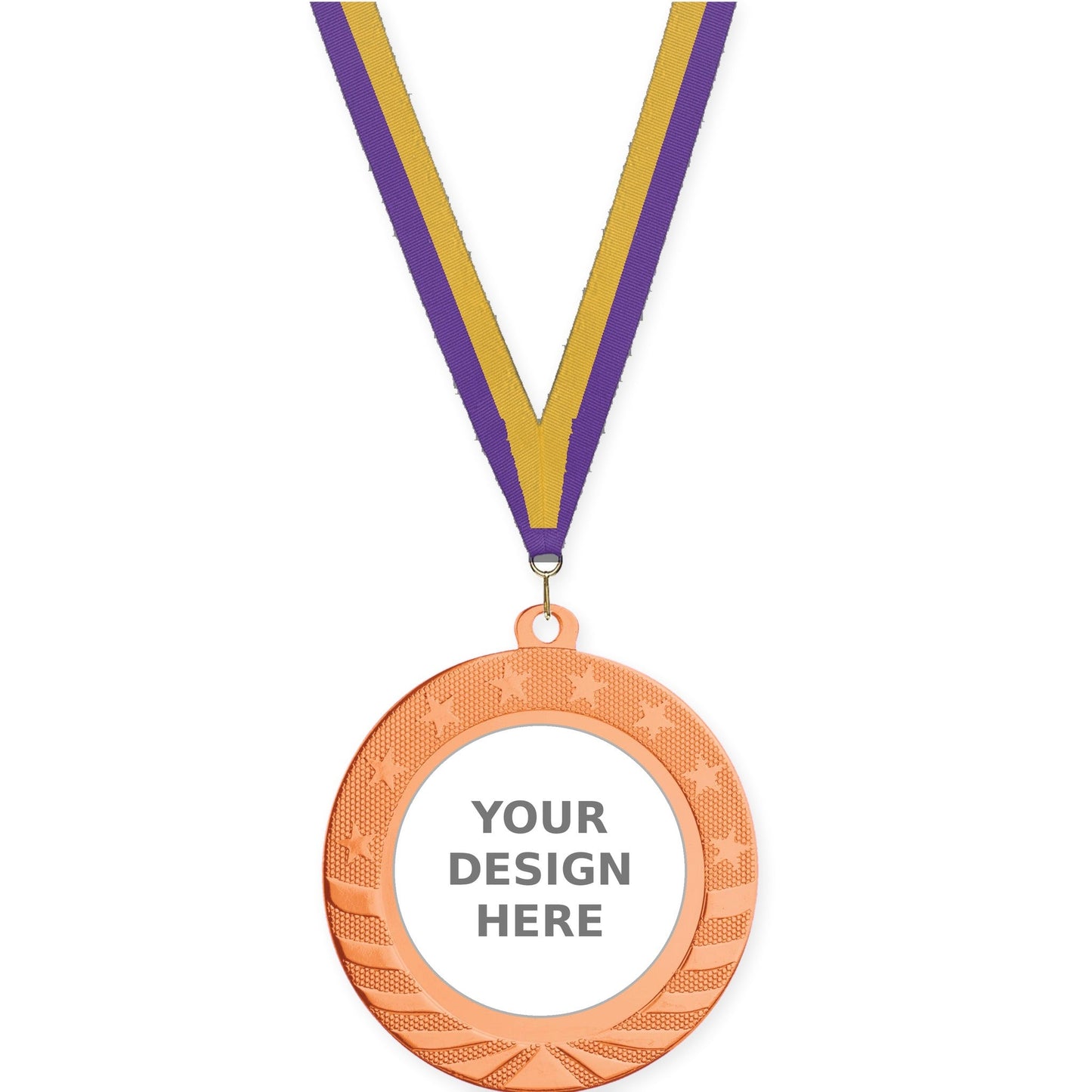 2 3/4 inch Starbrite insert medal in bright bronze with Purple Gold neck ribbon