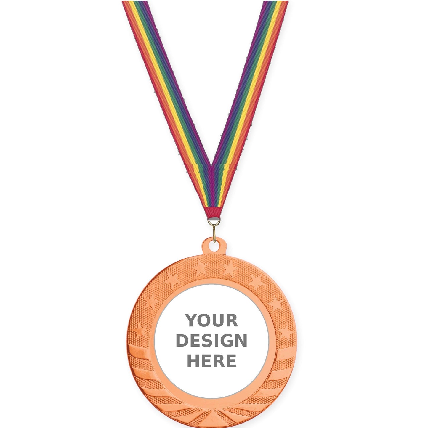 2 3/4 inch Starbrite insert medal in bright bronze with Rainbow neck ribbon