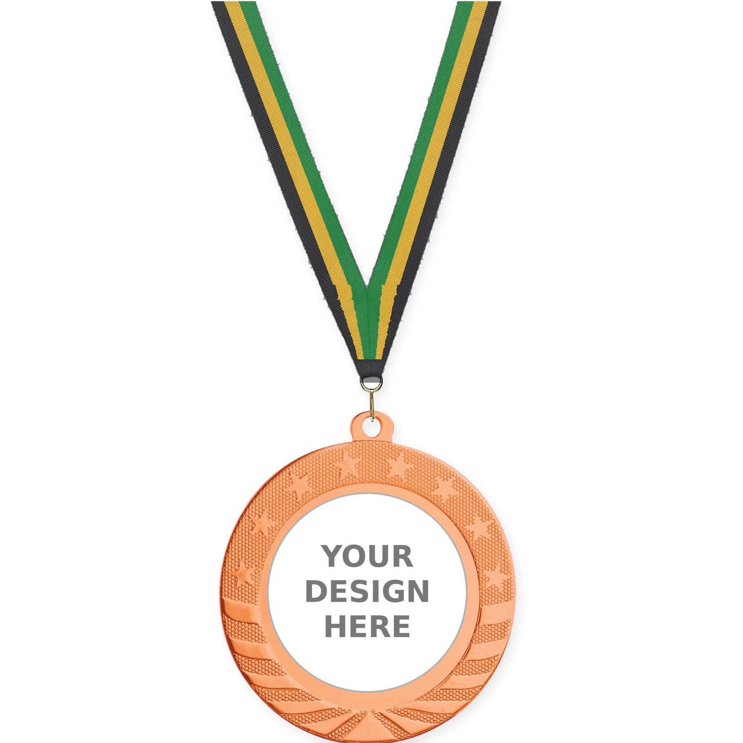 2 3/4 inch Starbrite insert medal in bright bronze with Black Gold Green neck ribbon