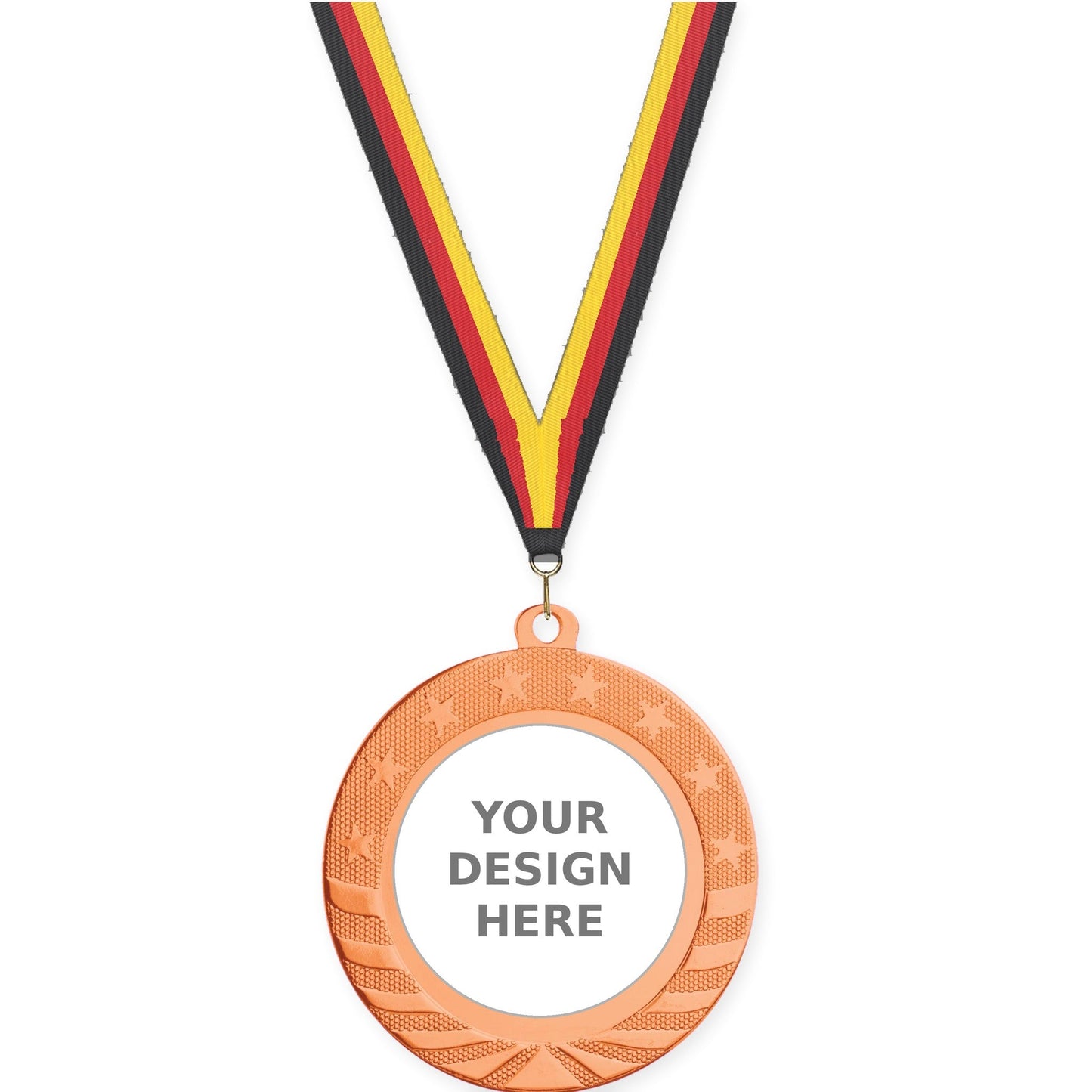 2 3/4 inch Starbrite insert medal in bright bronze with Black Red Yellow neck ribbon