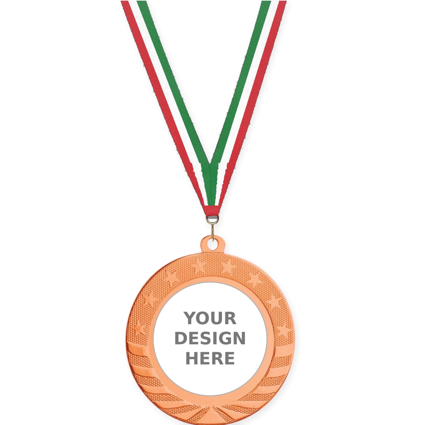 2 3/4 inch Starbrite insert medal in bright bronze with Red White Green neck ribbon