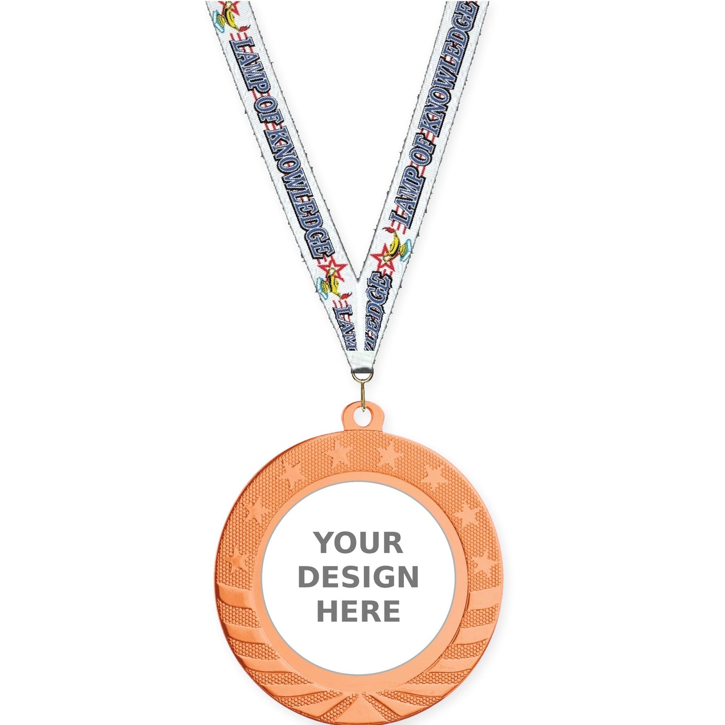 2 3/4 inch Starbrite insert medal in bright bronze with Lamp Of Knowledge neck ribbon