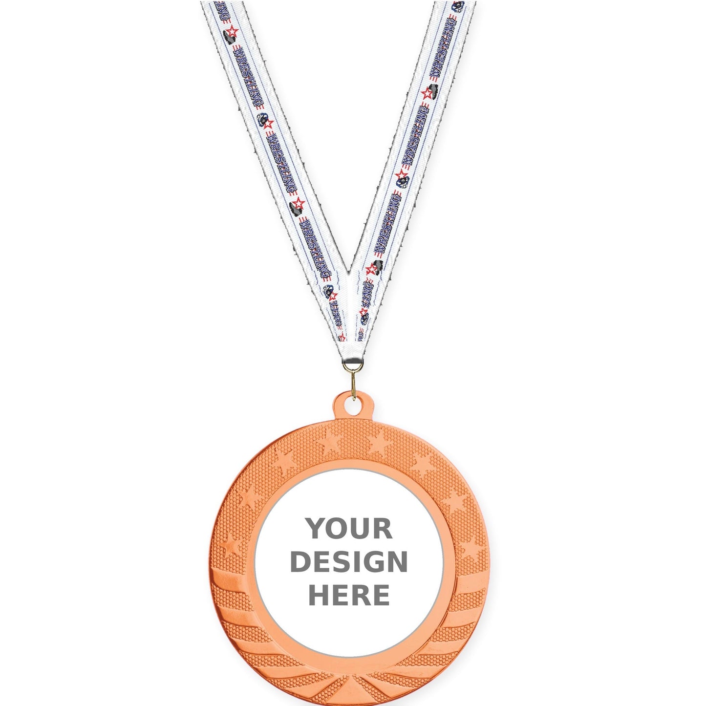 2 3/4 inch Starbrite insert medal in bright bronze with Wrestling neck ribbon