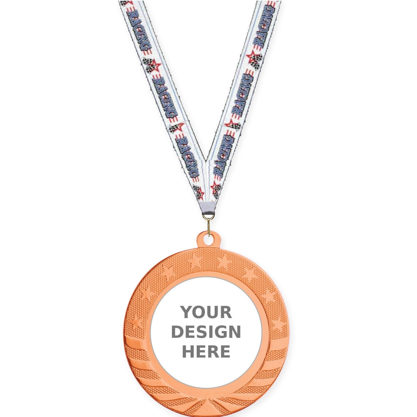 2 3/4 inch Starbrite insert medal in bright bronze with Auto Racing neck ribbon