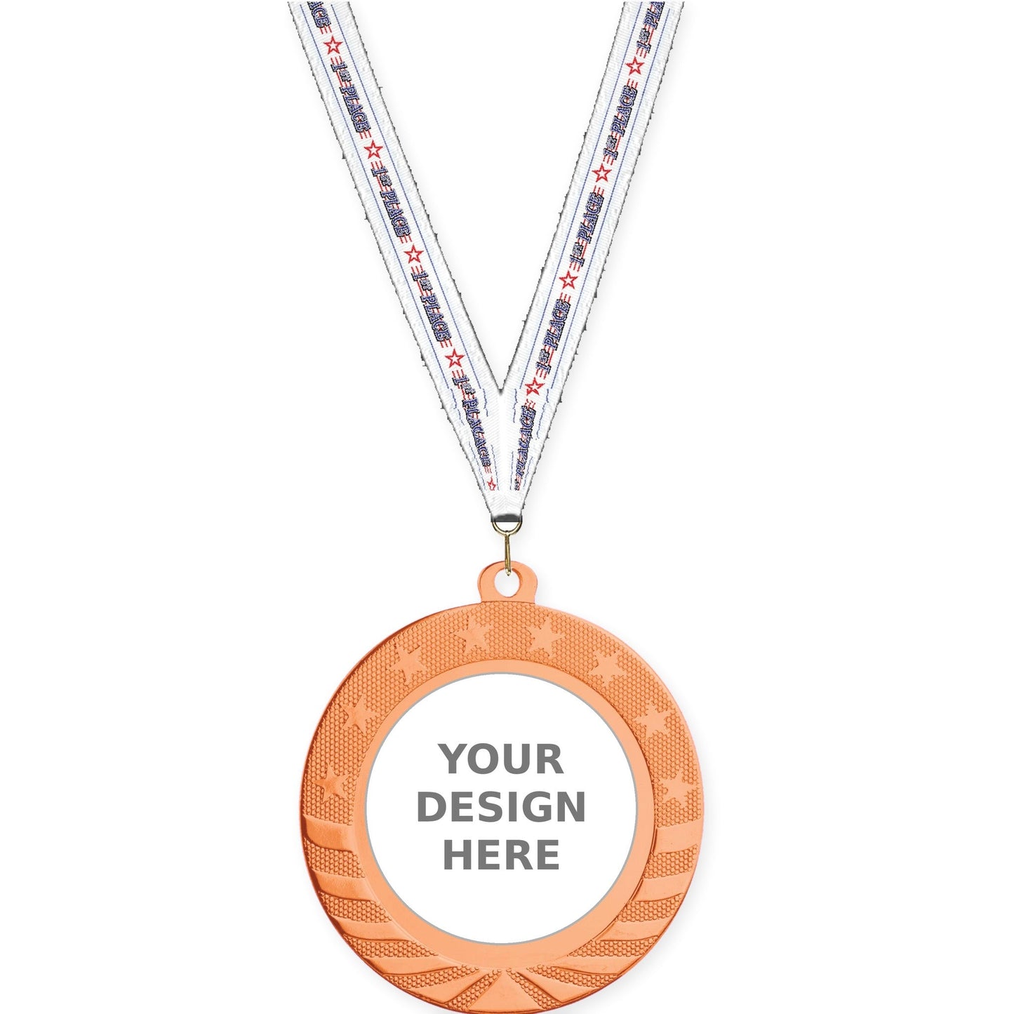 2 3/4 inch Starbrite insert medal in bright bronze with 1st Place neck ribbon