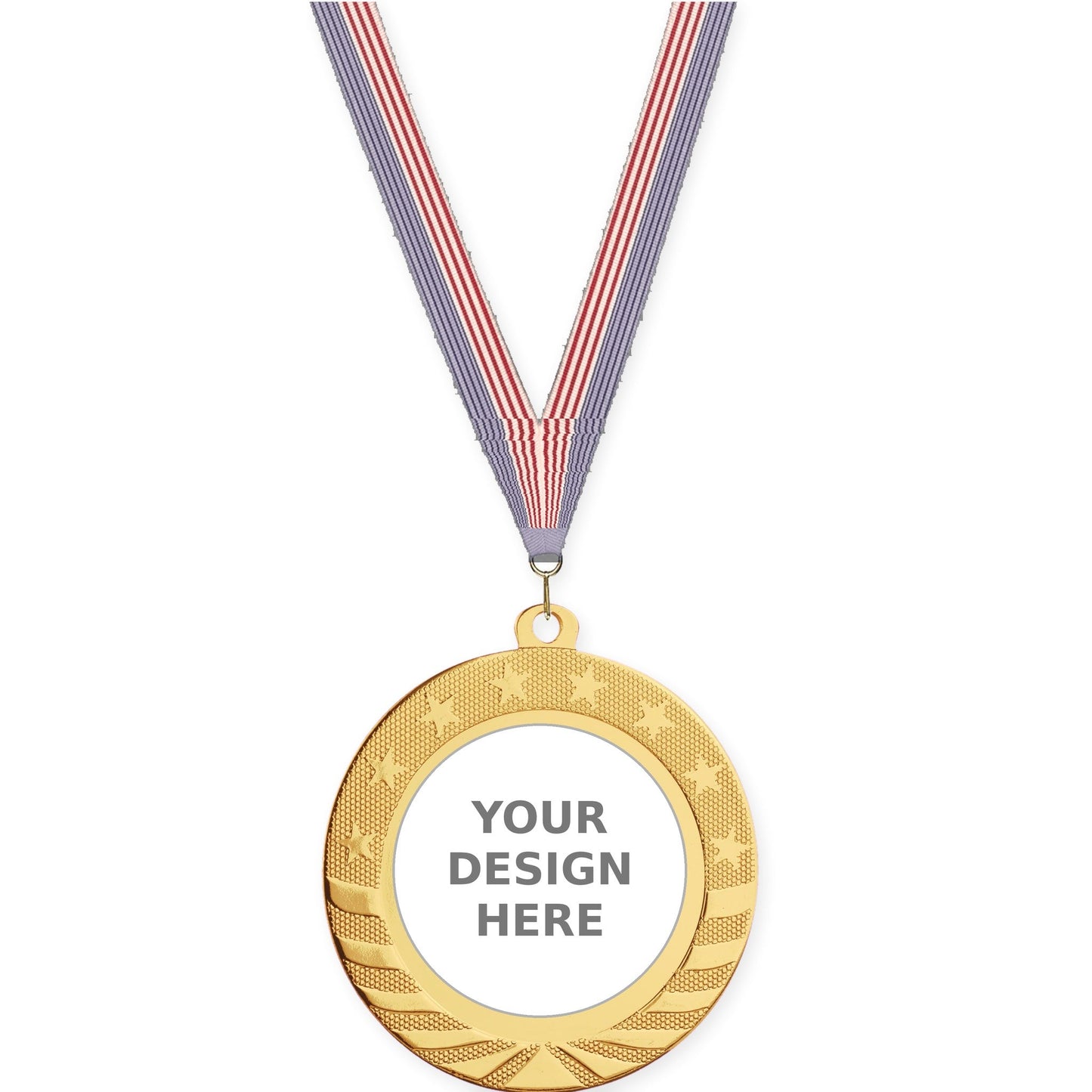 2 3/4 inch Starbrite insert medal in bright gold with USA Flag neck ribbon