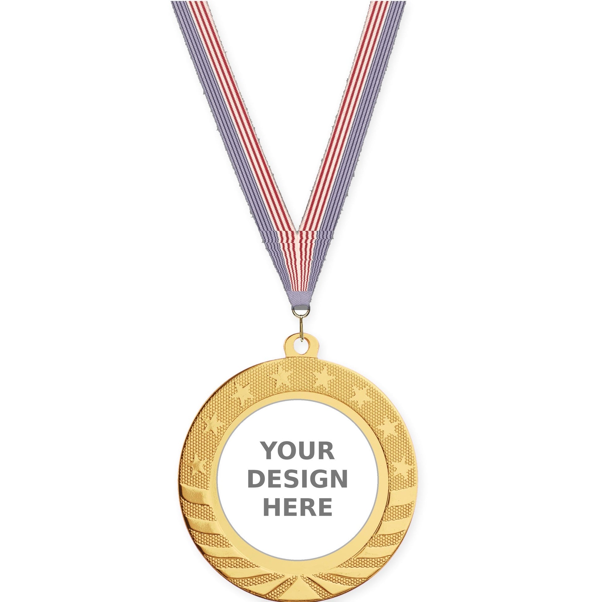 2 3/4 inch Starbrite insert medal in bright gold with USA Flag neck ribbon