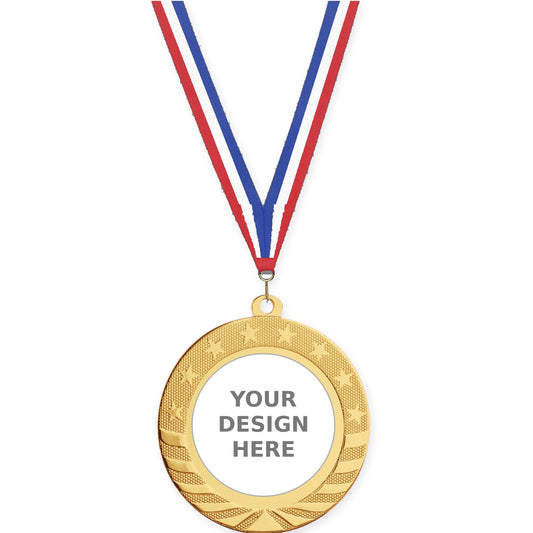2 3/4 inch Starbrite insert medal in bright gold with Red White Blue neck ribbon