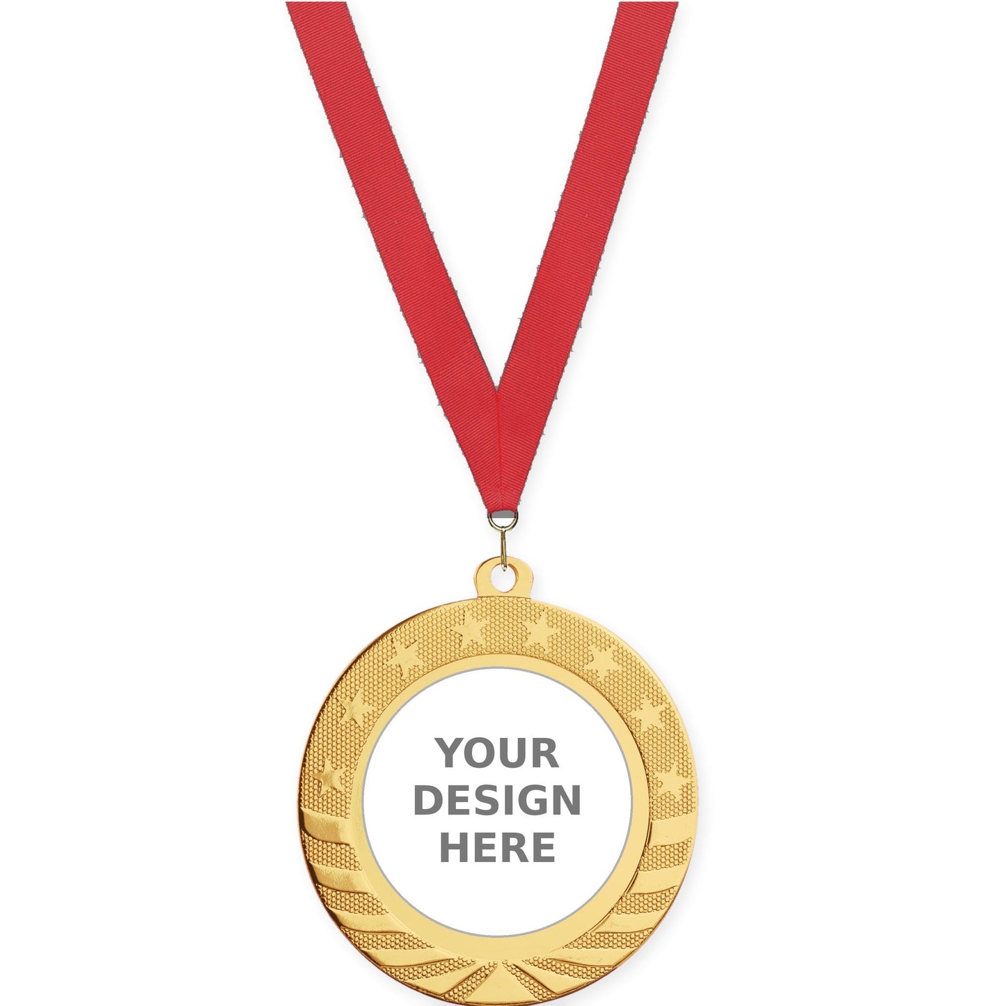 2 3/4 inch Starbrite insert medal in bright gold with Red neck ribbon