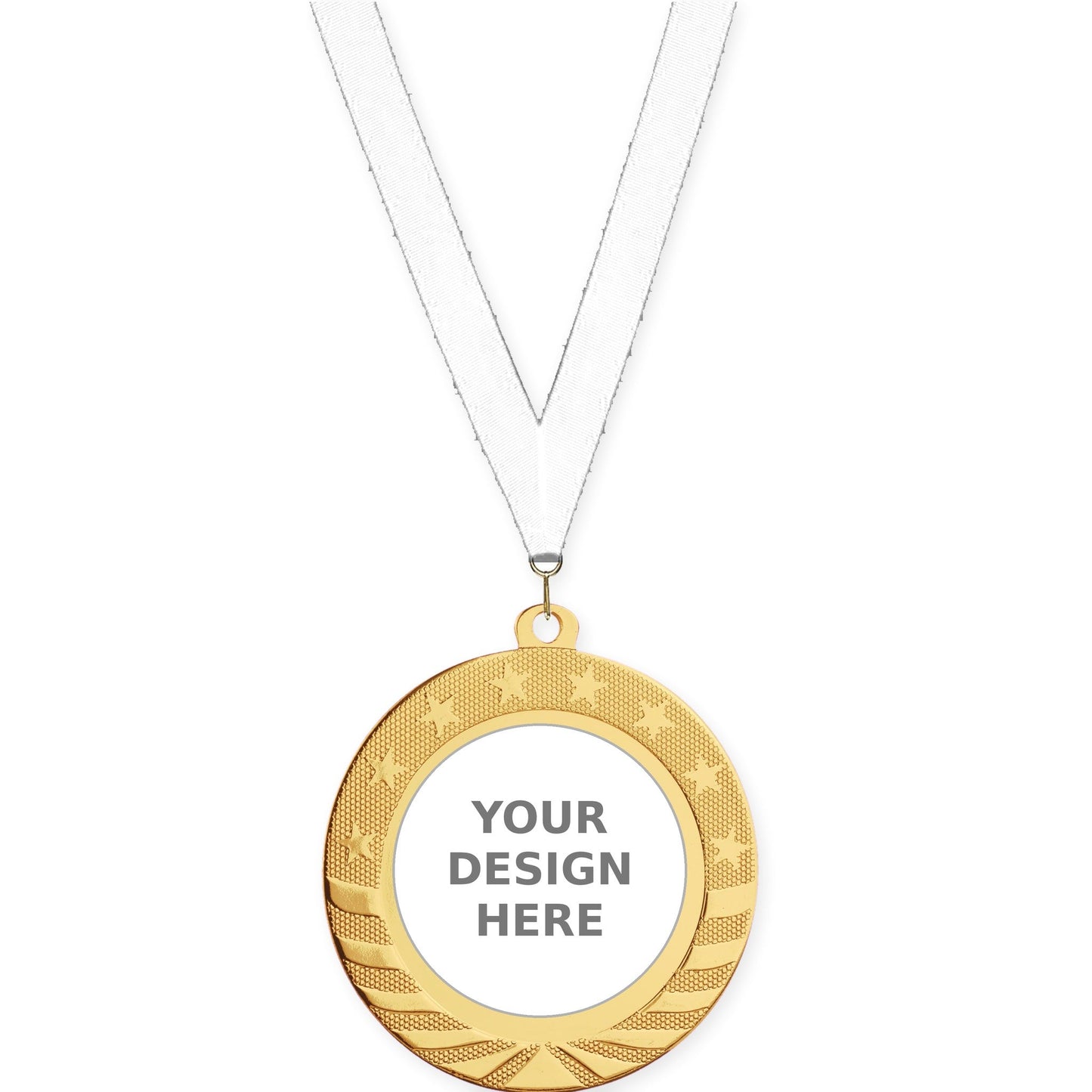 2 3/4 inch Starbrite insert medal in bright gold with White neck ribbon