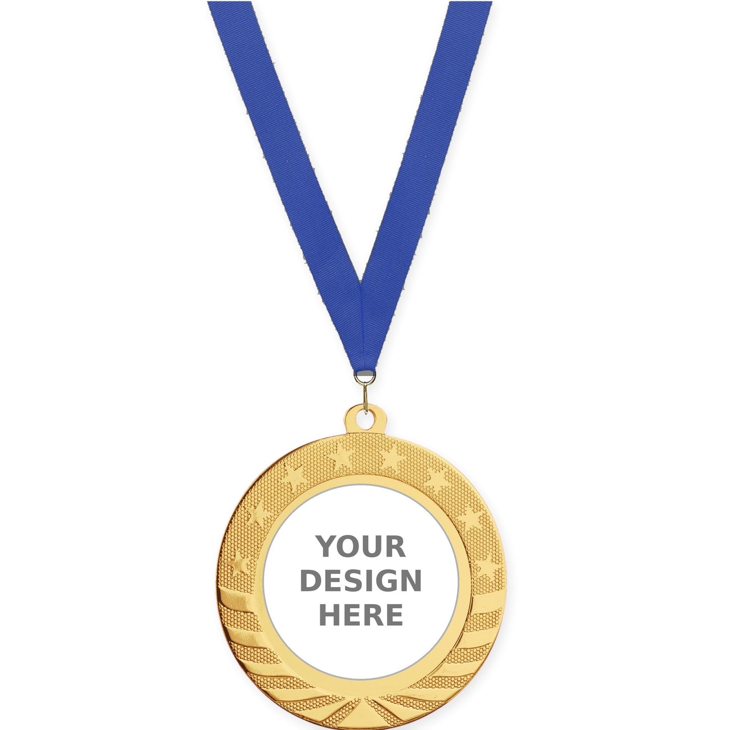 2 3/4 inch Starbrite insert medal in bright gold with Blue neck ribbon