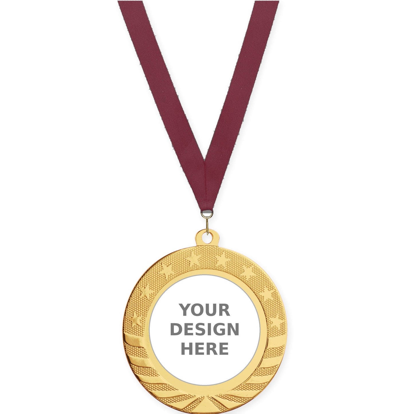 2 3/4 inch Starbrite insert medal in bright gold with Maroon neck ribbon