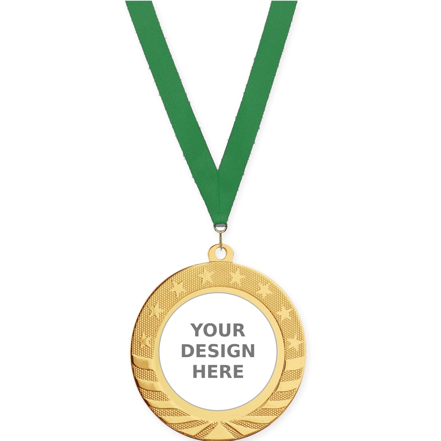 2 3/4 inch Starbrite insert medal in bright gold with Green neck ribbon