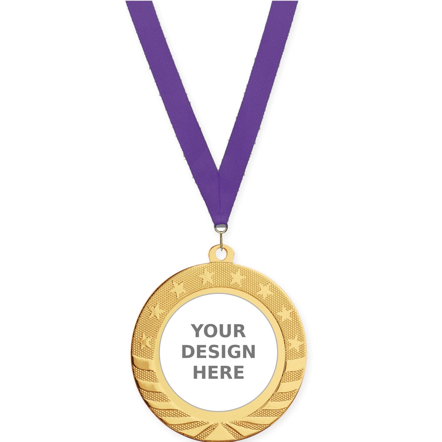 2 3/4 inch Starbrite insert medal in bright gold with Purple neck ribbon