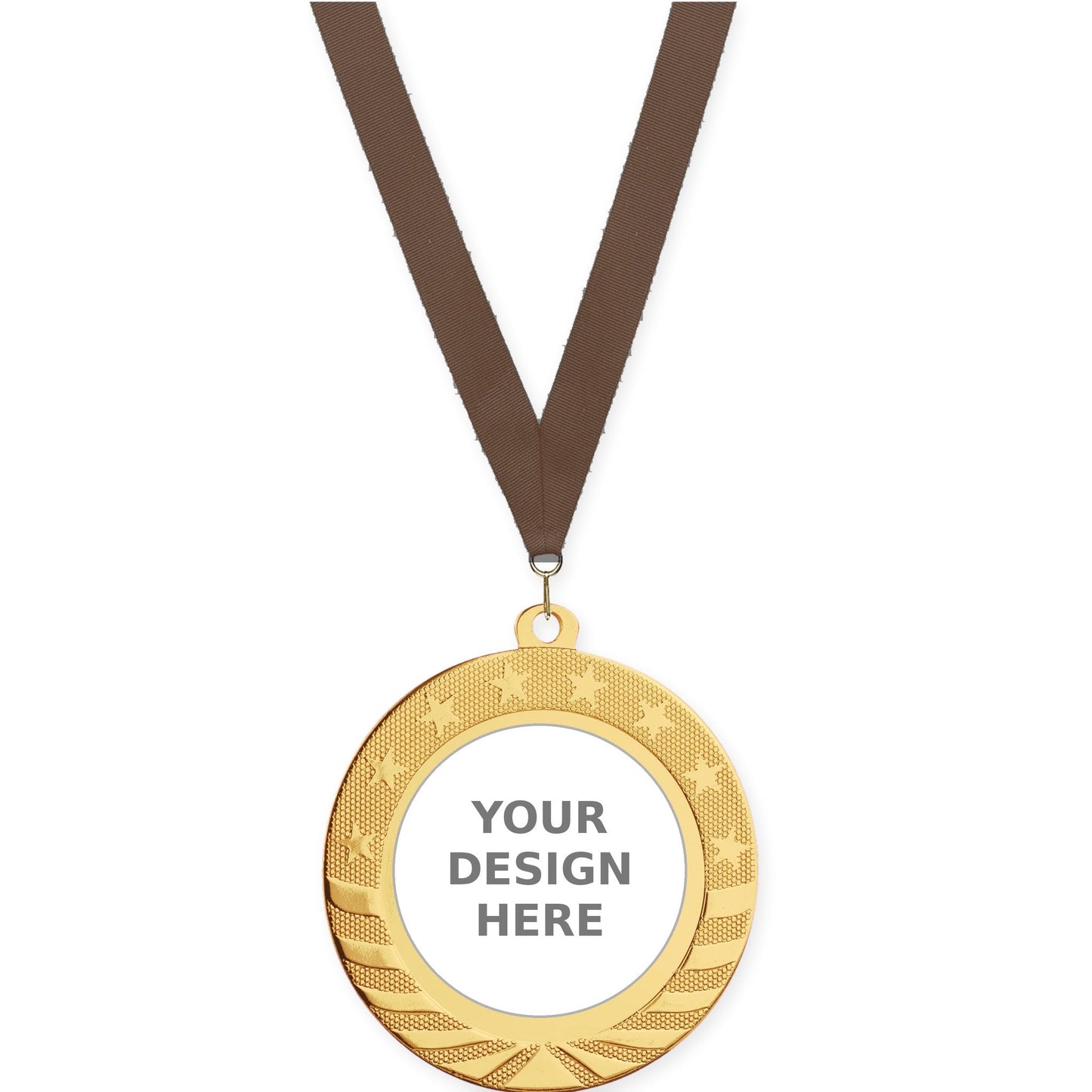 2 3/4 inch Starbrite insert medal in bright gold with Brown neck ribbon
