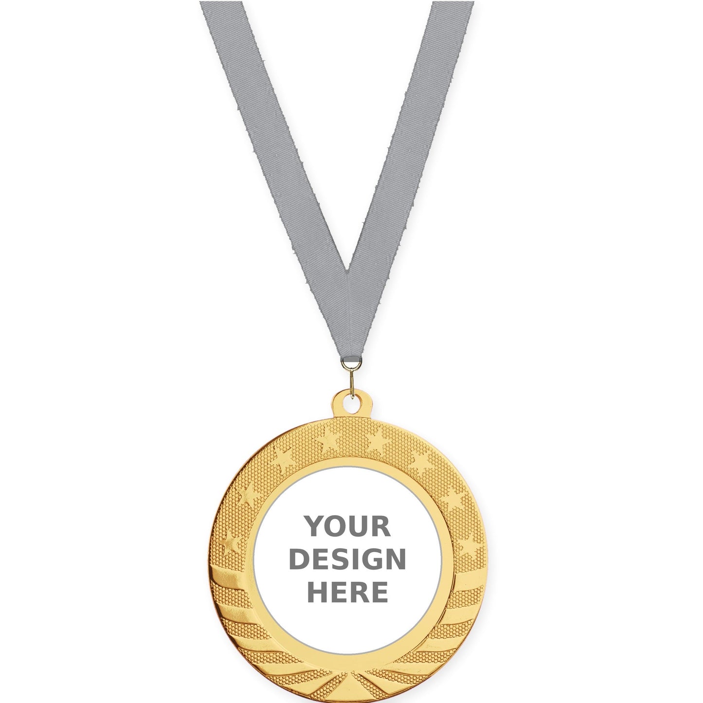 2 3/4 inch Starbrite insert medal in bright gold with Gray neck ribbon