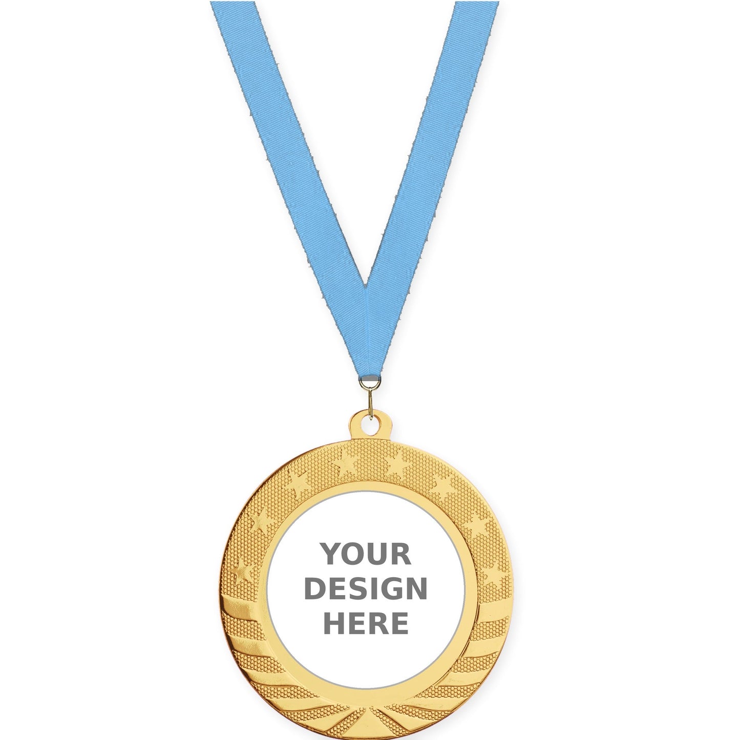 2 3/4 inch Starbrite insert medal in bright gold with Light Blue neck ribbon