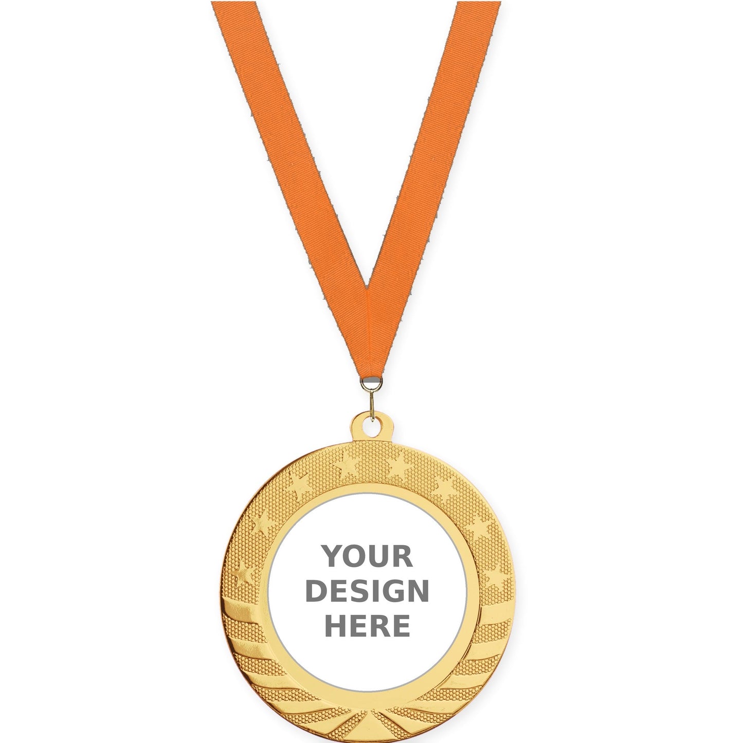 2 3/4 inch Starbrite insert medal in bright gold with Orange neck ribbon