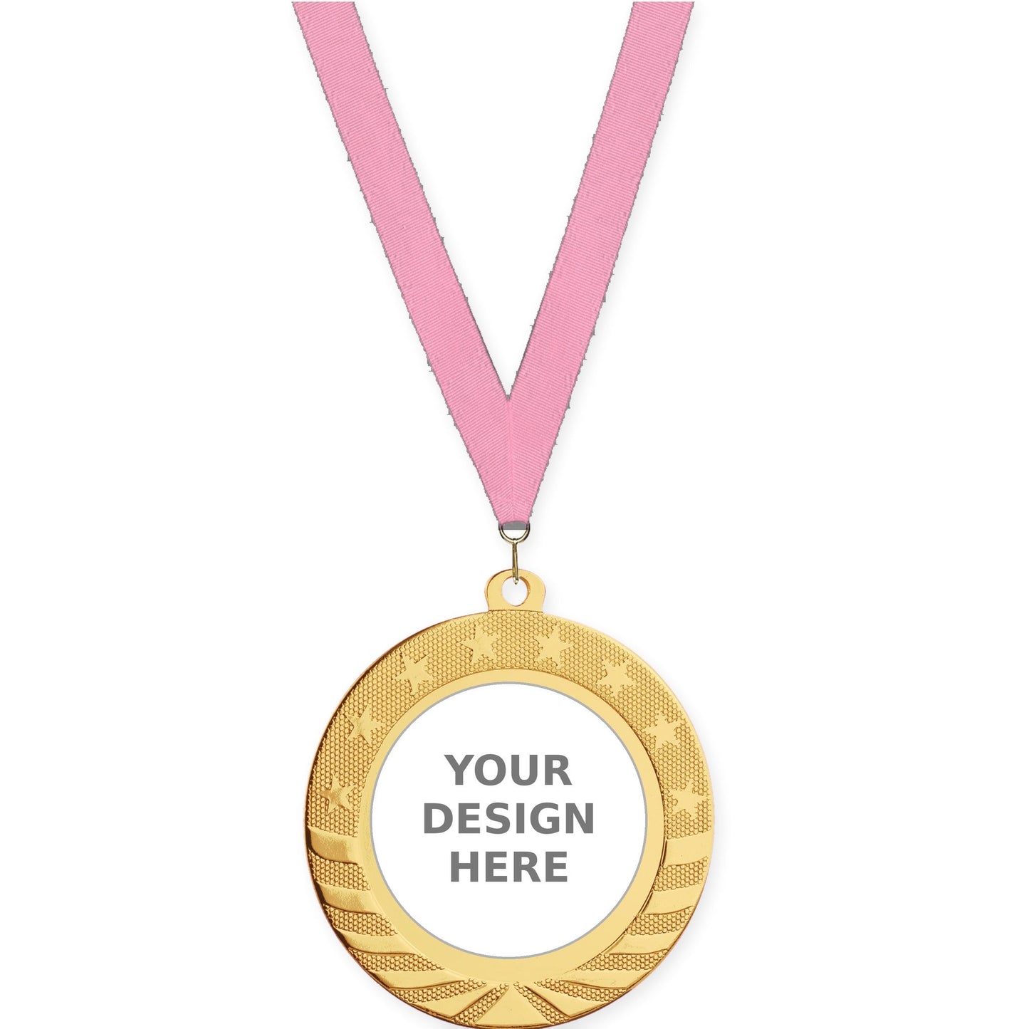 2 3/4 inch Starbrite insert medal in bright gold with Pink neck ribbon