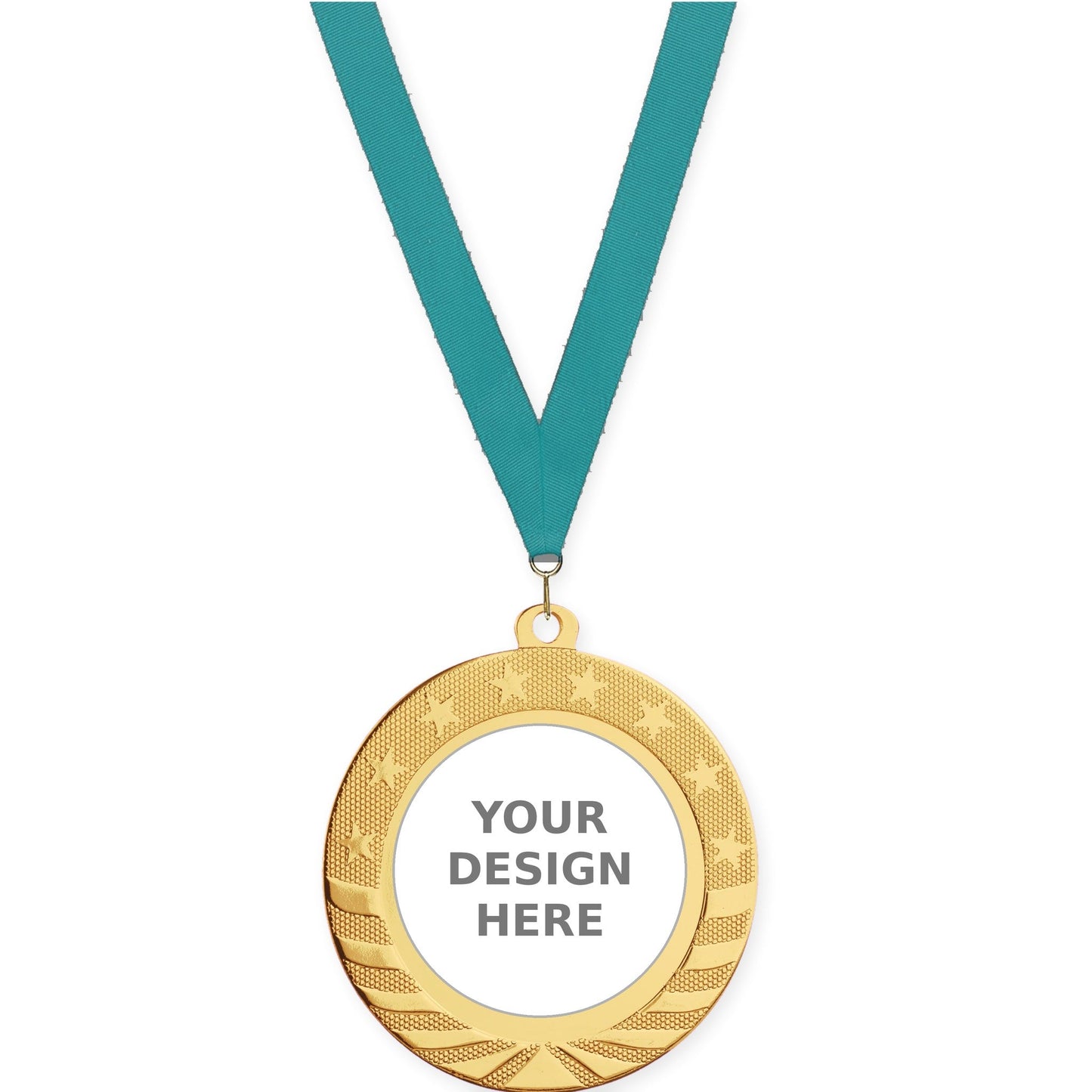 2 3/4 inch Starbrite insert medal in bright gold with Teal neck ribbon