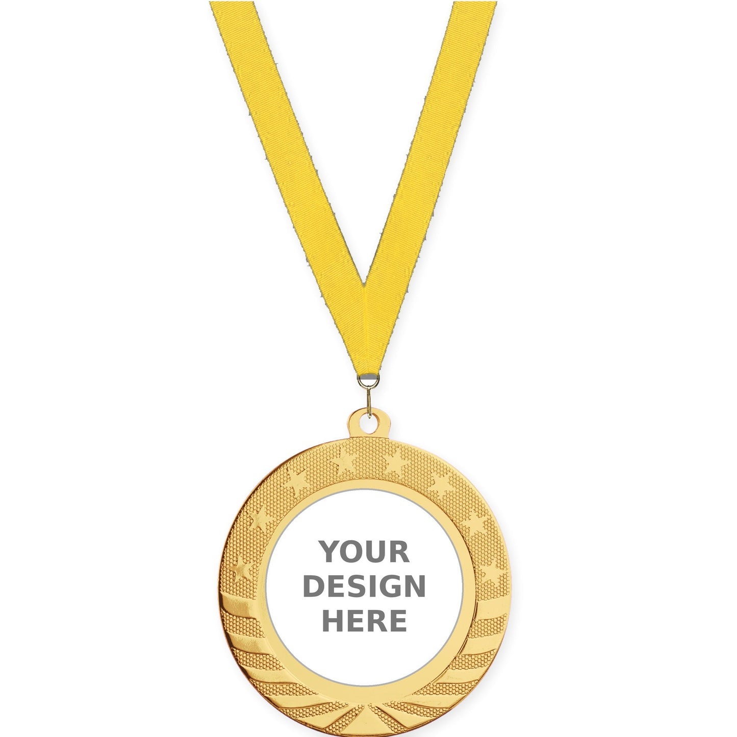2 3/4 inch Starbrite insert medal in bright gold with Yellow neck ribbon