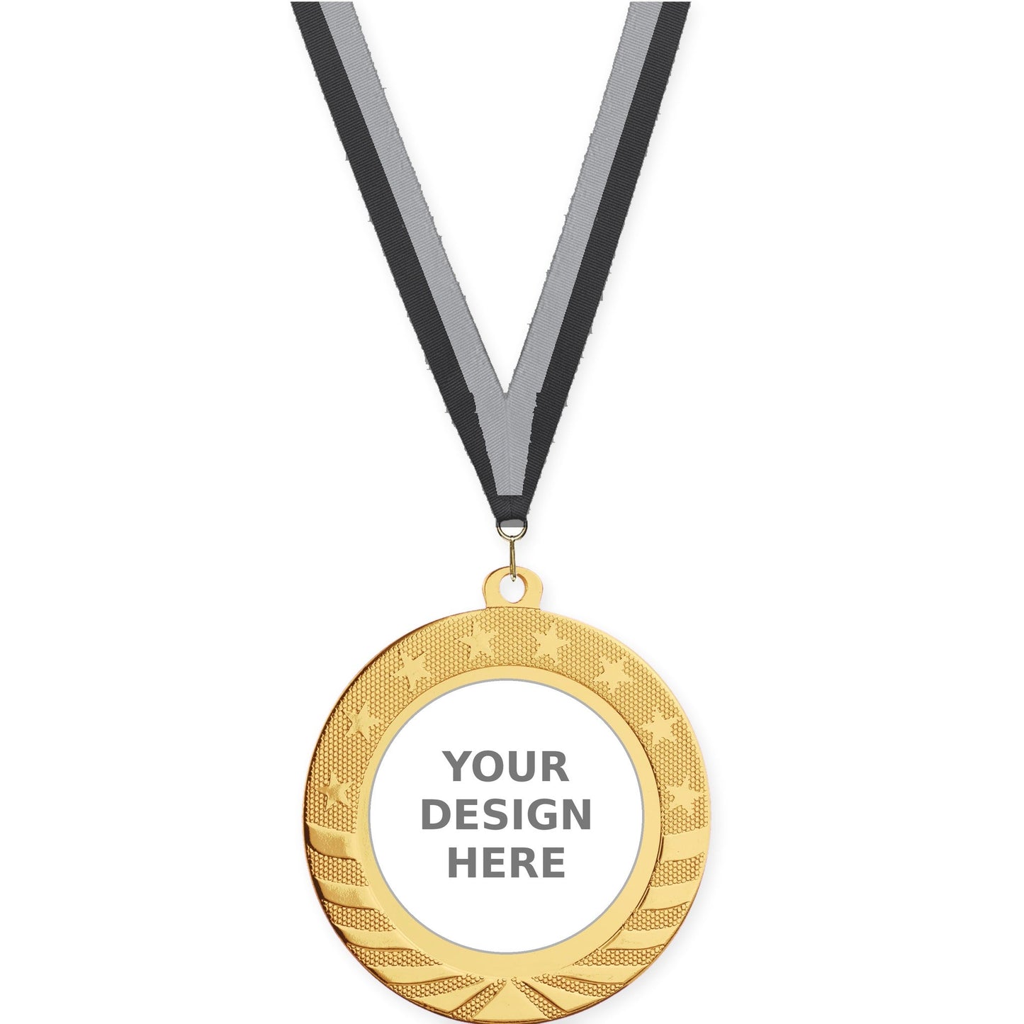 2 3/4 inch Starbrite insert medal in bright gold with Black Gray neck ribbon