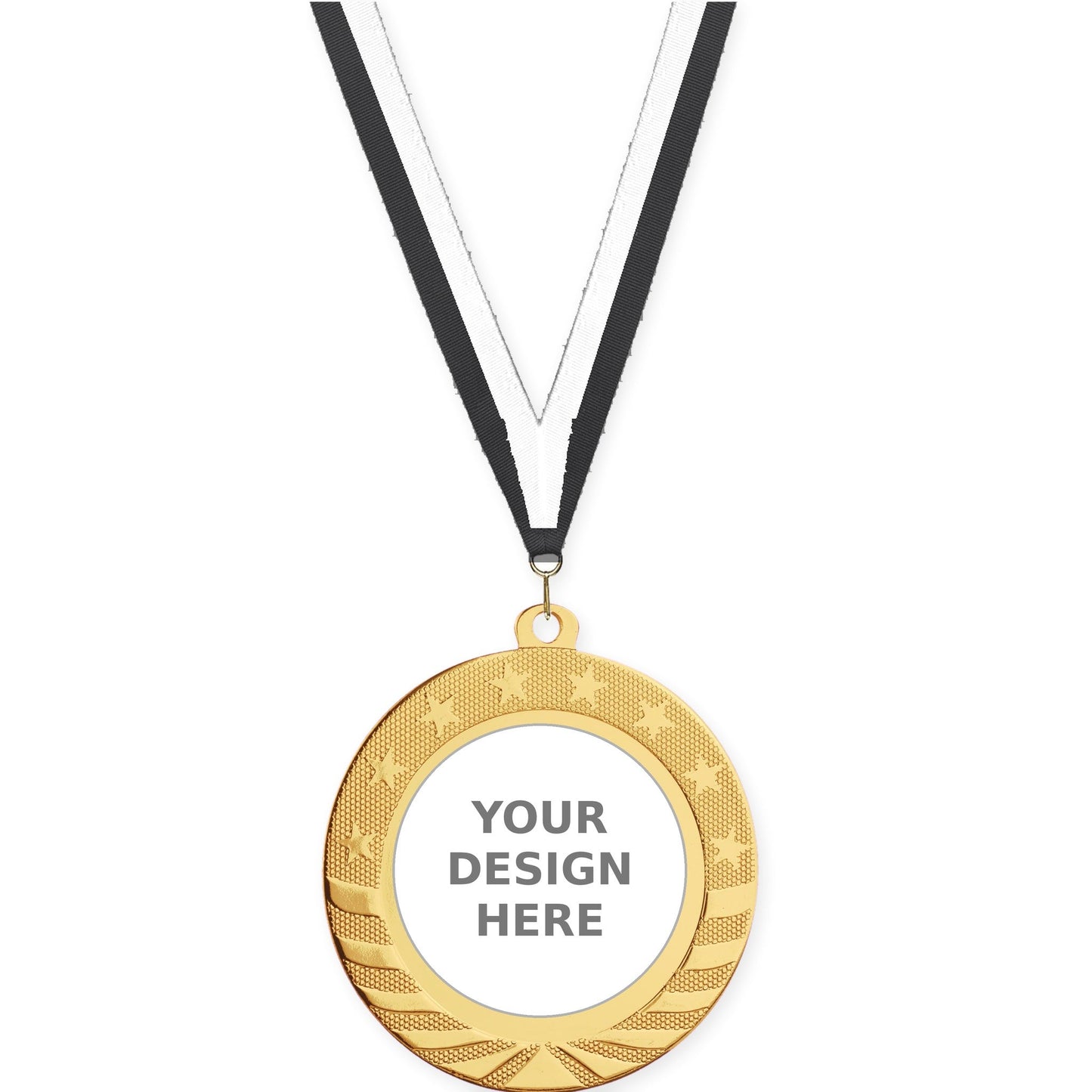 2 3/4 inch Starbrite insert medal in bright gold with Black White neck ribbon