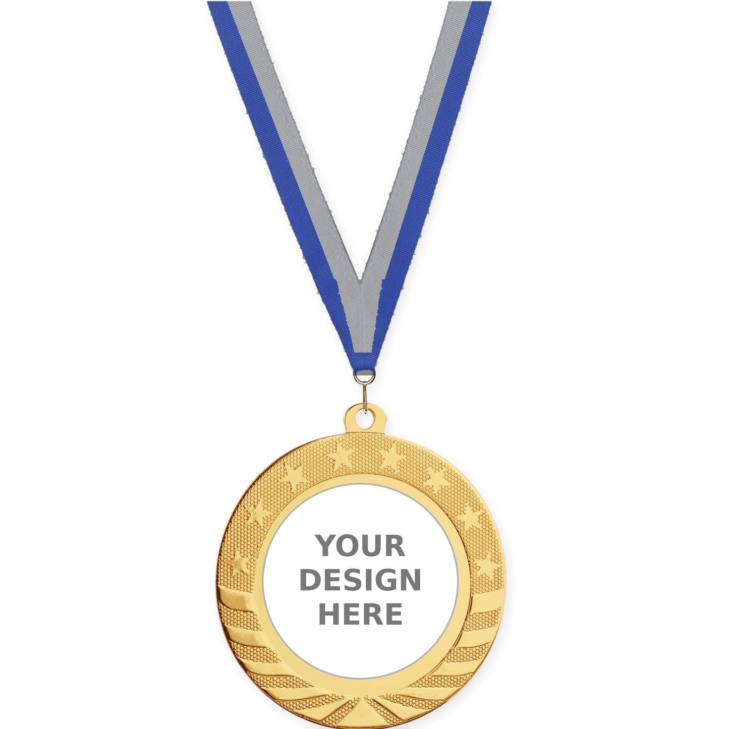 2 3/4 inch Starbrite insert medal in bright gold with Blue Gray neck ribbon