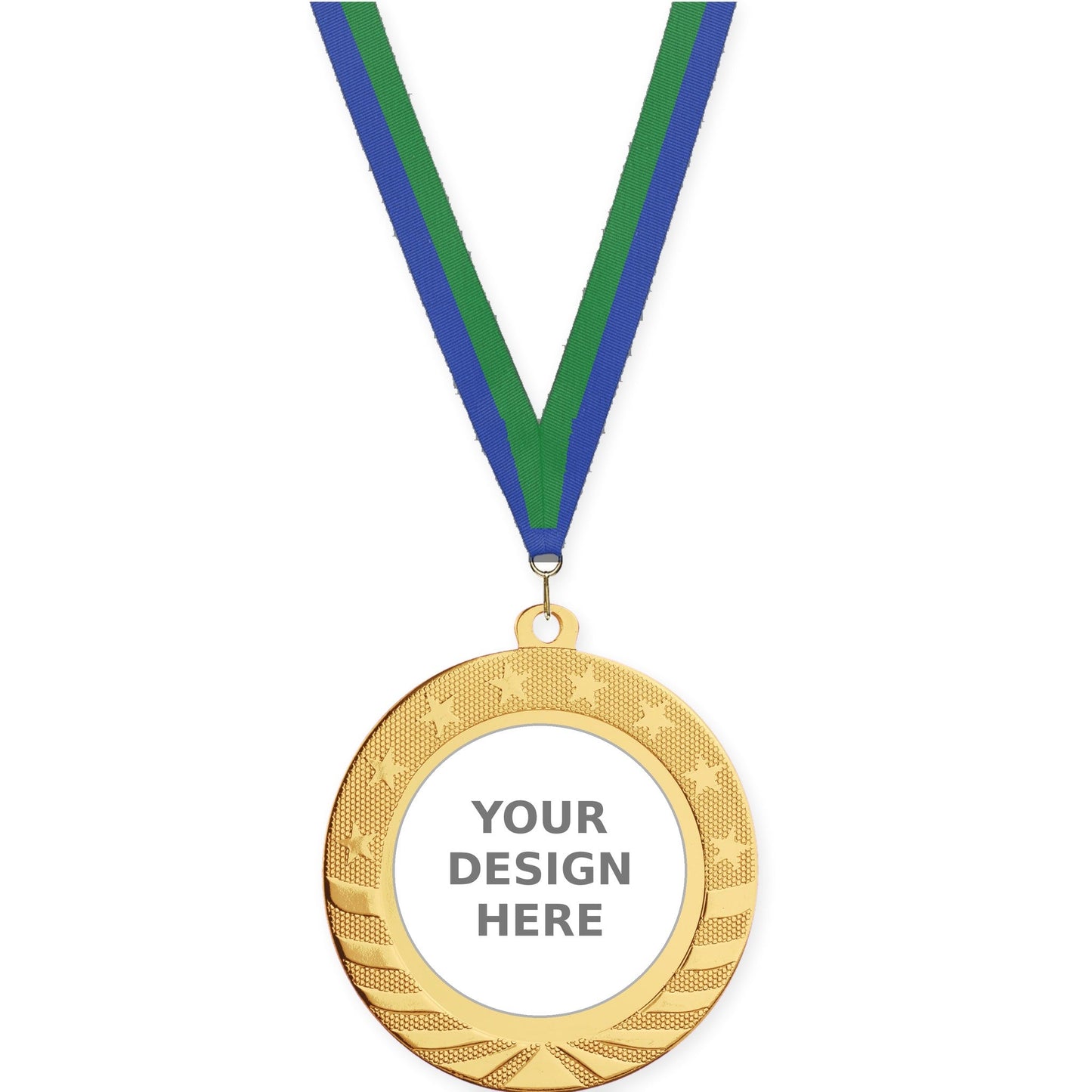 2 3/4 inch Starbrite insert medal in bright gold with Blue Green neck ribbon