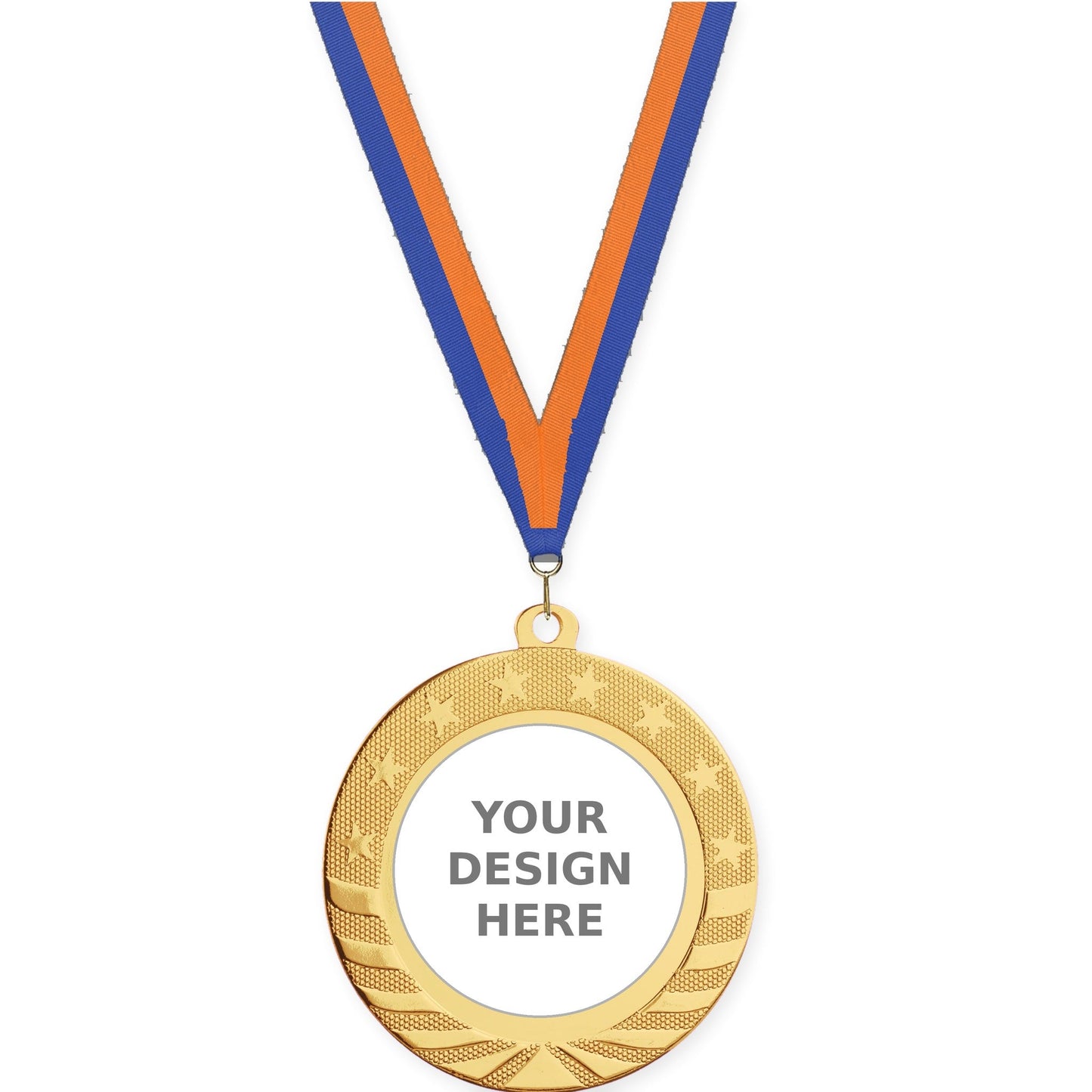 2 3/4 inch Starbrite insert medal in bright gold with Blue Orange neck ribbon