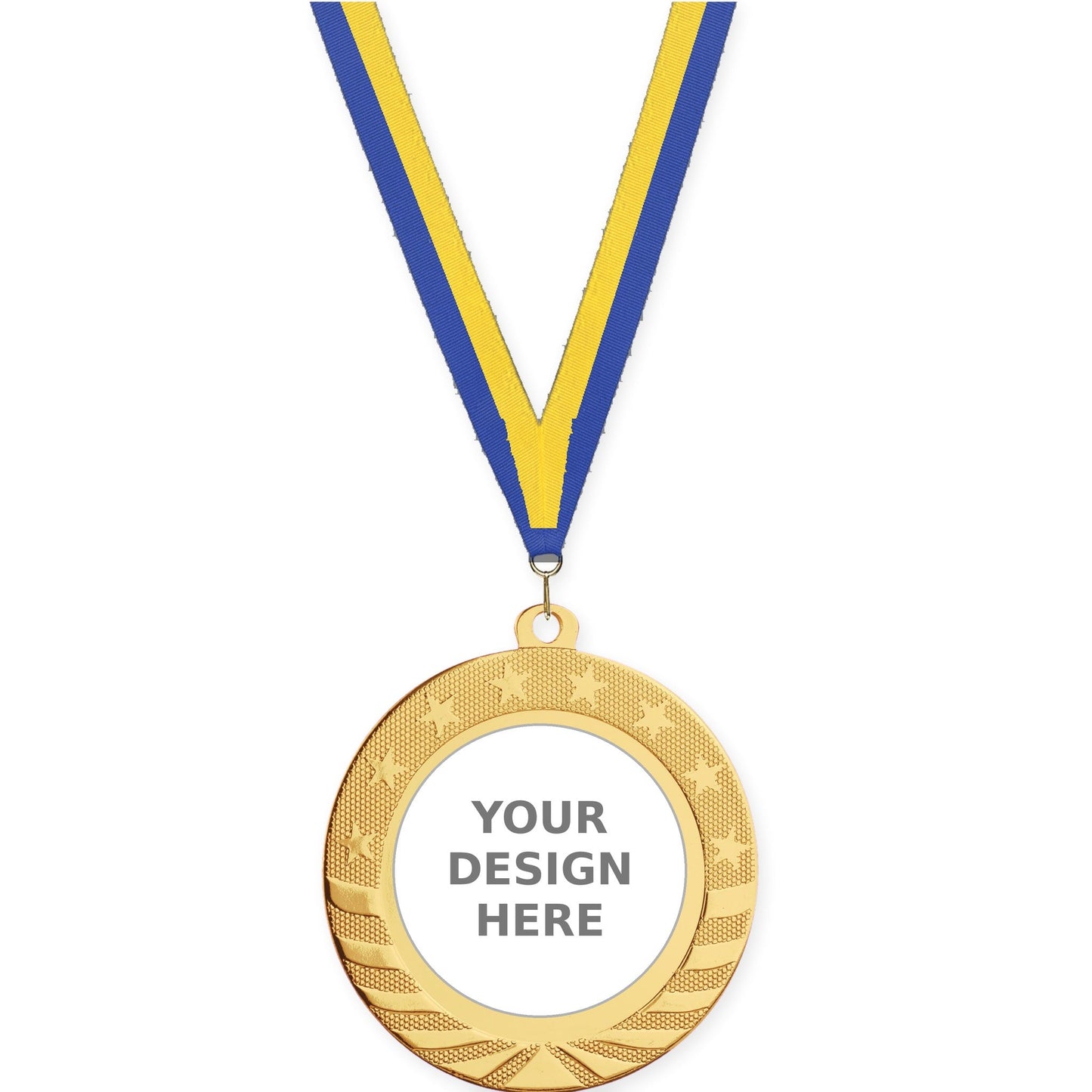 2 3/4 inch Starbrite insert medal in bright gold with Blue Yellow neck ribbon