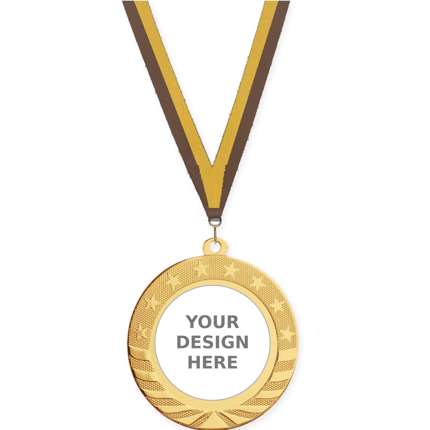 2 3/4 inch Starbrite insert medal in bright gold with Brown Gold neck ribbon