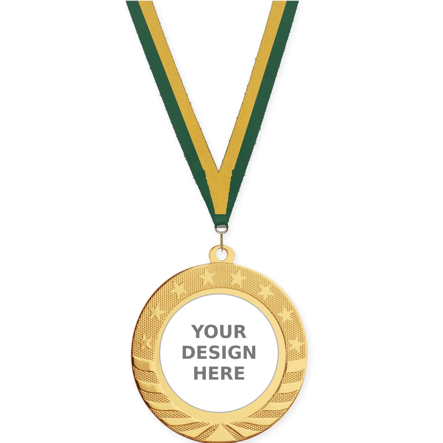 2 3/4 inch Starbrite insert medal in bright gold with Hunter Green Gold neck ribbon