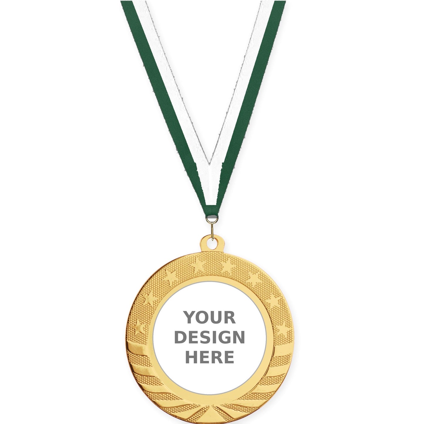 2 3/4 inch Starbrite insert medal in bright gold with Hunter Green White neck ribbon
