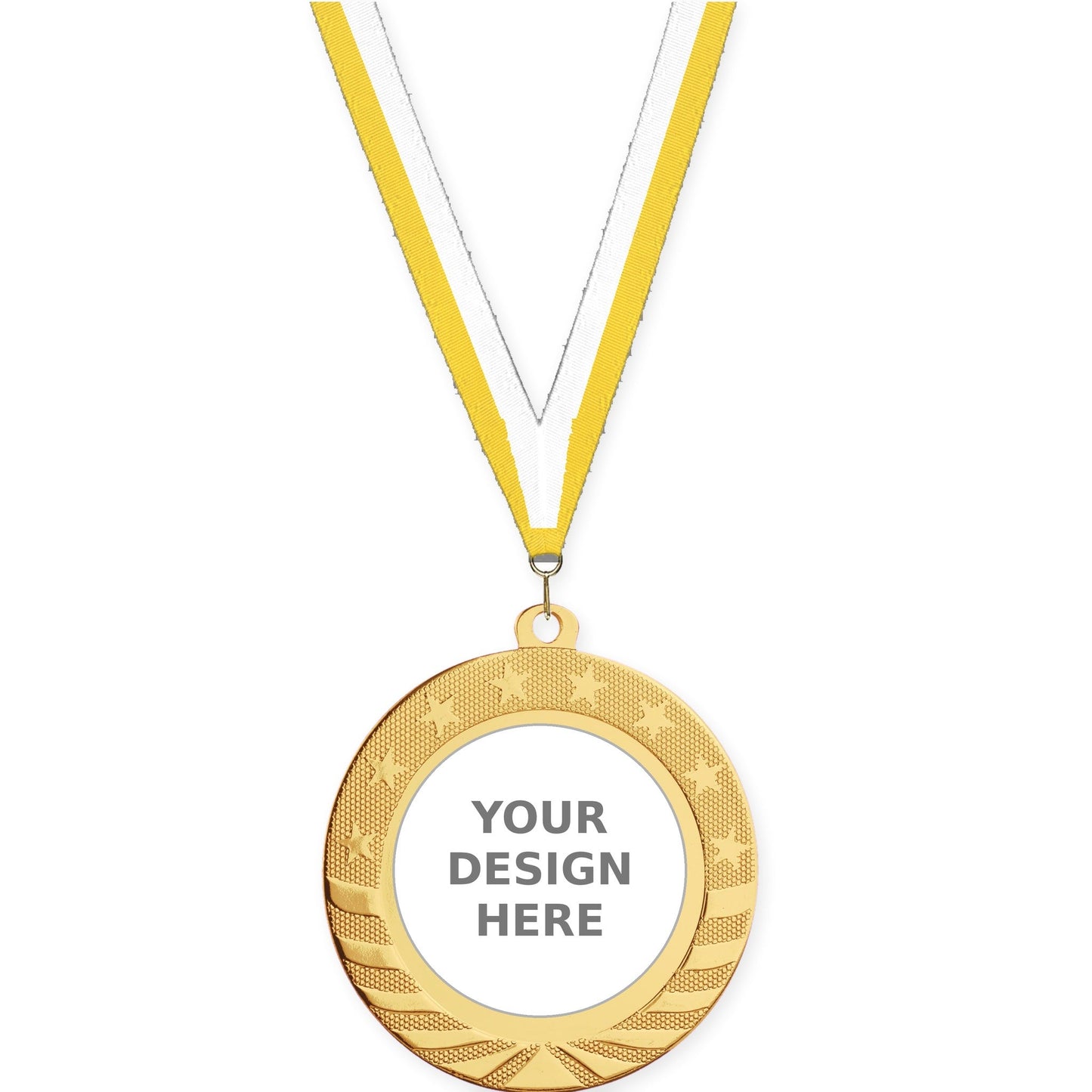 2 3/4 inch Starbrite insert medal in bright gold with Yellow White neck ribbon